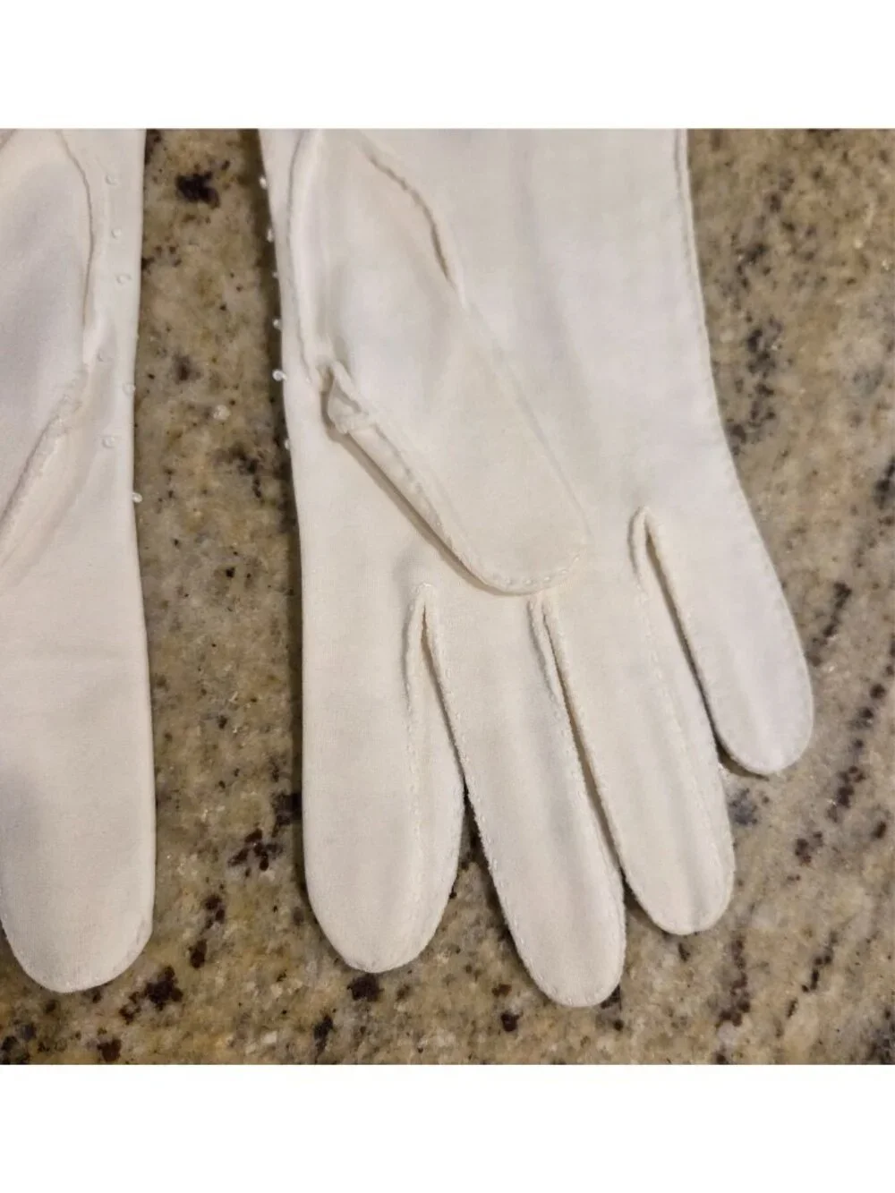 Vintage Womens Size L Off-White Cotton Stretch Formal Gloves Beaded Scallop...